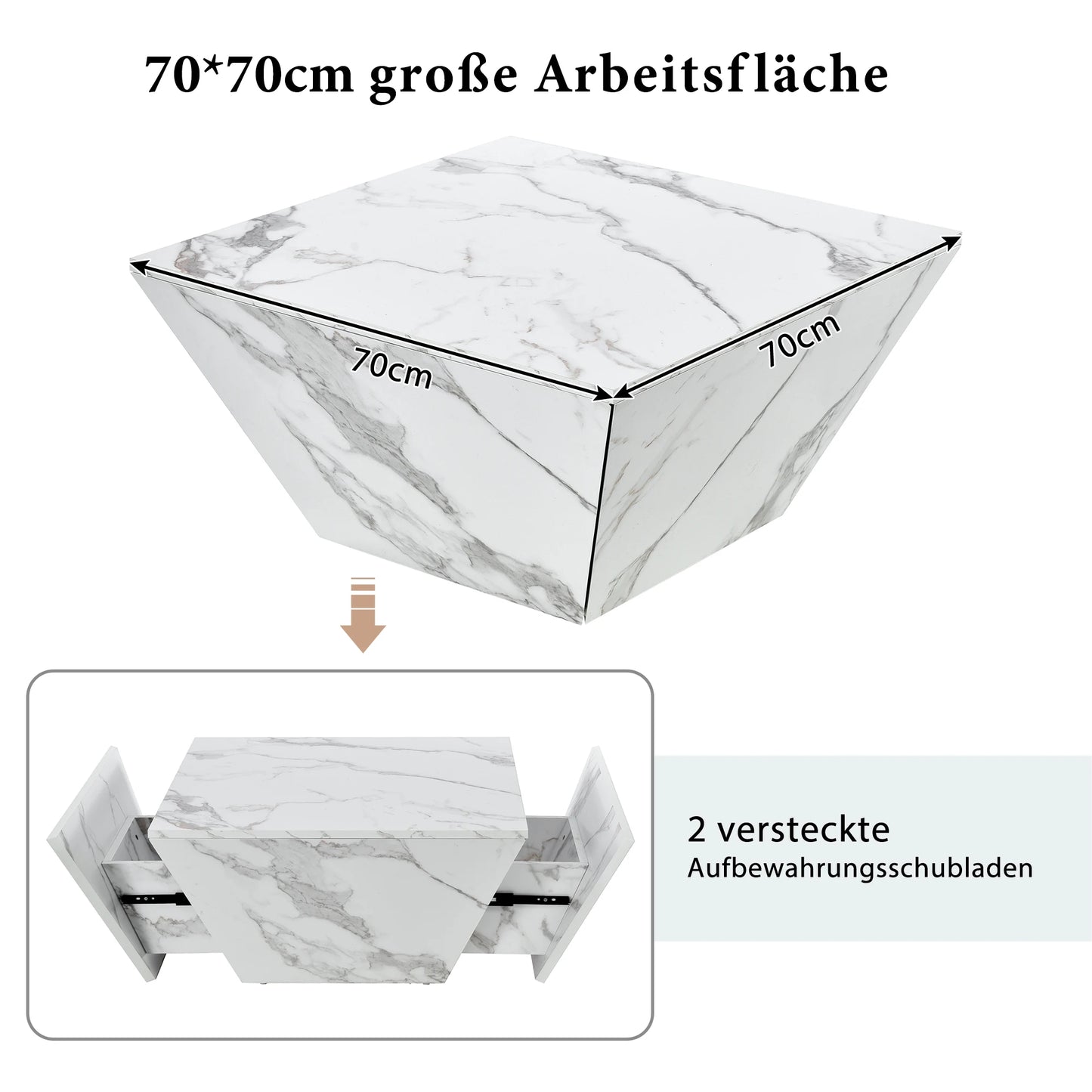 Salontafel – Koffietafel – Woonkamertafel – Tafel Met Opbergruimte – Trapeziumvormige Tafel – MDF Met Wit Marble Veneer – 2 Lades – 70x70x37 cm