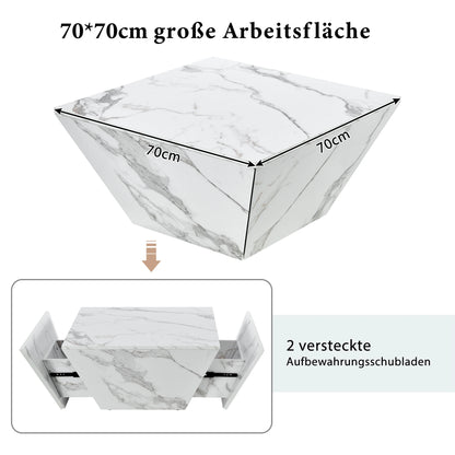 Salontafel – Koffietafel – Woonkamertafel – Tafel Met Opbergruimte – Trapeziumvormige Tafel – MDF Met Wit Marble Veneer – 2 Lades – 70x70x37 cm