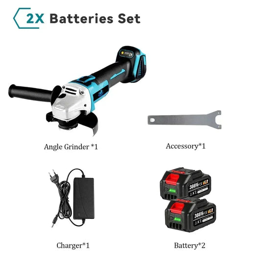Accu Haakse Slijper - 125 mm - Draadloos Slijptol - 18V - Brushless Motor - 8500 RPM - 3000W - 3 Snelheden - Voor Slijpen - Snijden - en Polijsten - Compact en draagbaar - 2 Accu's met 1 Lader