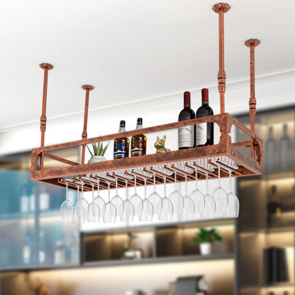 Wijnrek – Wijnfleshouder – Flessenrek – Glazenrek – Plafondrek – Vintage Industrieel Design – Stevig Roestvrij Staal – Verstelbare Hoogte 100 cm