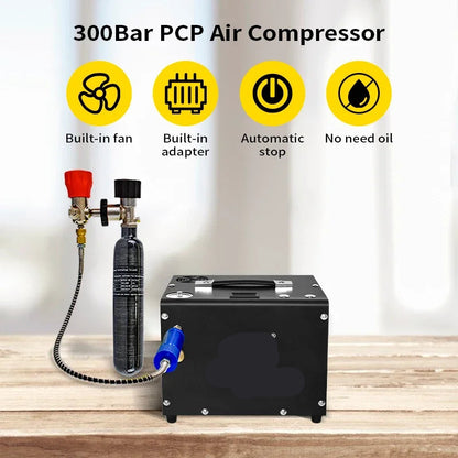 Luchtcompressor - Compressor - Luchtpomp - Air Compressor - 4500Psi - 300bar - PCP - Hoge Druk Compressor – Ingebouwde 12V Voedingsadapter – Geschikt voor Scuba Tanks en Luchtgeweren – Auto Stop Versie – 220V