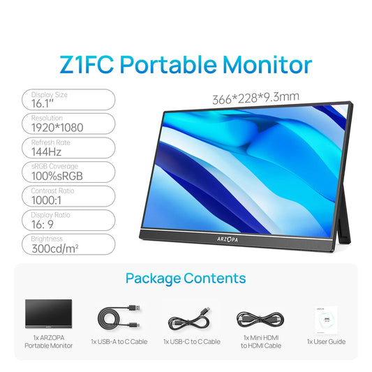 Draagbare Monitor – Portable Scherm – Laptop Scherm – Gaming Monitor – Extra Display – 16,1 Inch Full HD – 144Hz Verversingssnelheid – 100% sRGB Kleuren