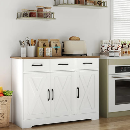 Zijbuffet – Dressoir – Buffetkast – Opbergkast – Keukenbuffet – Wit – 108x38,5 cm Werkblad – 3 Laden en 3 Deuren Met Verstelbare Planken - QUORE