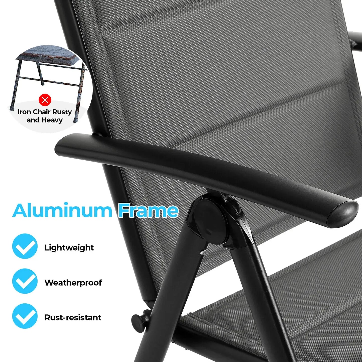 Tuinstoelen – Klapstoelen – Balkonstoelen – Terrasstoelen – Tuinmeubelen – Teakhouten Armleuning – Verstelbare Rugleuning - Grijs - QUORE