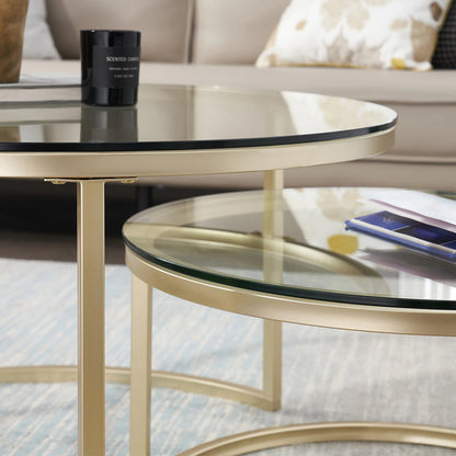 Set van 2 Ronde Bijzettafels – Luxe Ronde Salontafels – Bijzettafels van Metaal met Gehard Glas – Stijlvolle Koffietafels – Goudkleurig Frame – Moderne Tafels – 60 cm & 40 cm Diameter