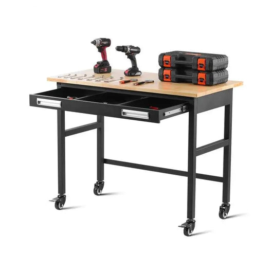 Werkbank – Werktafel – Klusbank – Hobbytafel – Massief Eikenhout – 680 Kg Draagvermogen – 4 Zwenkwielen Met Rem