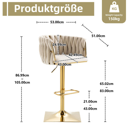 Barkruk – Barstoel – Keukenstoel – Draaiende Kruk – Verstelbare Hoogte – Metalen Frame – Velours Bekleding - Ivoor