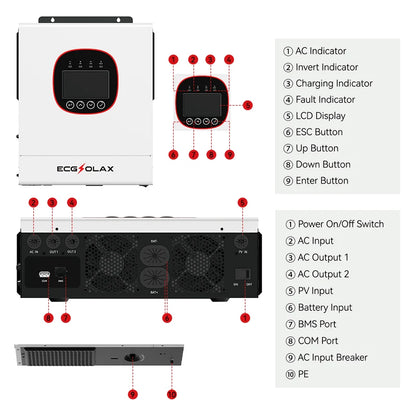 Zonne-omvormer – Hybride Omvormer – Solar Inverter – Off-Grid Omvormer – MPPT Laadregelaar – 11 kW Vermogen – Pure Sinusgolf Uitgang - QUORE