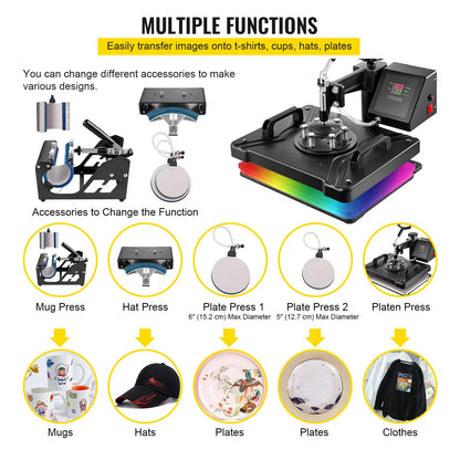 6-in-1 Heatpress Machine – Transferpers – Textielpers – Mokkenpers – Petpers – Digitaal LCD-Scherm – 12 x 15 Inch Platen