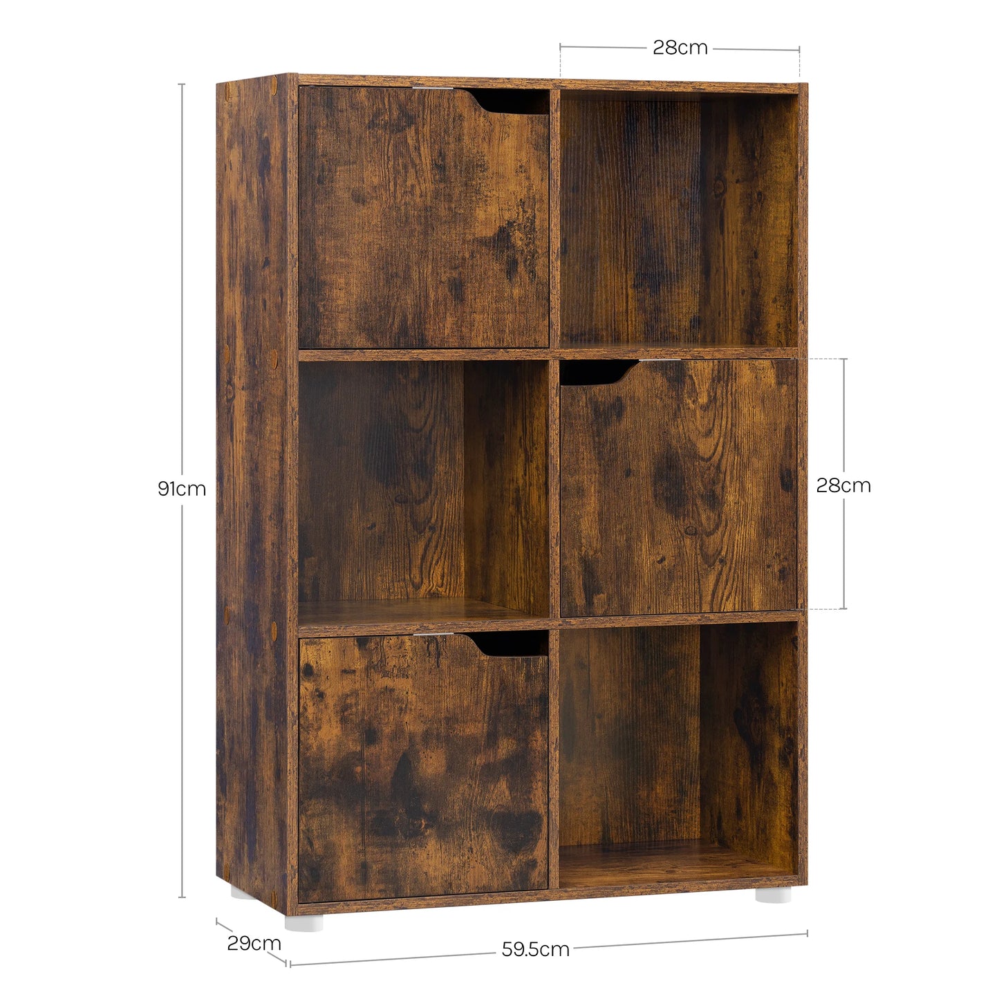 Boekenkasten - Boekenplanken - Boekenkasten Hout – Vrijstaand Wandrek met 6 Vakken & Deuren – Opbergkast voor Boeken - Dossiers - Decoratie – Geschikt voor Woonkamer - Slaapkamer - Kantoor – 59,7x29,7x91cm - Rustiek Bruin