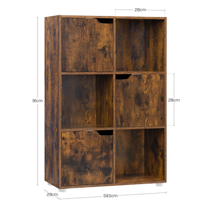 Boekenkasten - Boekenplanken - Boekenkasten Hout – Vrijstaand Wandrek met 6 Vakken & Deuren – Opbergkast voor Boeken - Dossiers - Decoratie – Geschikt voor Woonkamer - Slaapkamer - Kantoor – 59,7x29,7x91cm - Rustiek Bruin