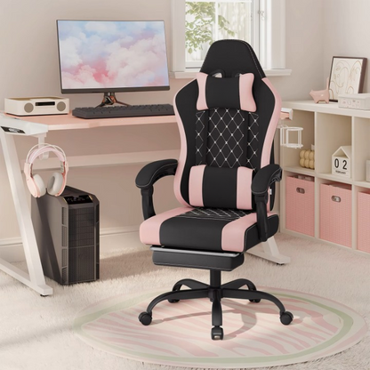 Gaming Stoel - Massage Gaming Stoel - Bureaustoel - Swivel Stoel - met Voetsteun - Hoofdsteun - Verstelbare - Rugleuning - Lendenkussen - Ergonomische - Draaibare - 70 x 70 x 127 cm - Zwart & Roze