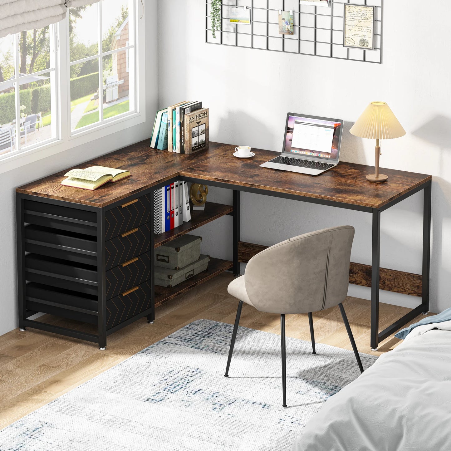 Game Bureau - Bureau - Hoekbureau - Game Bureau - 59" - L-vormige Computertafel - met Opberglades - Reversibel Kantoor- & Studiobureau - met Planken - Wit - QUORE