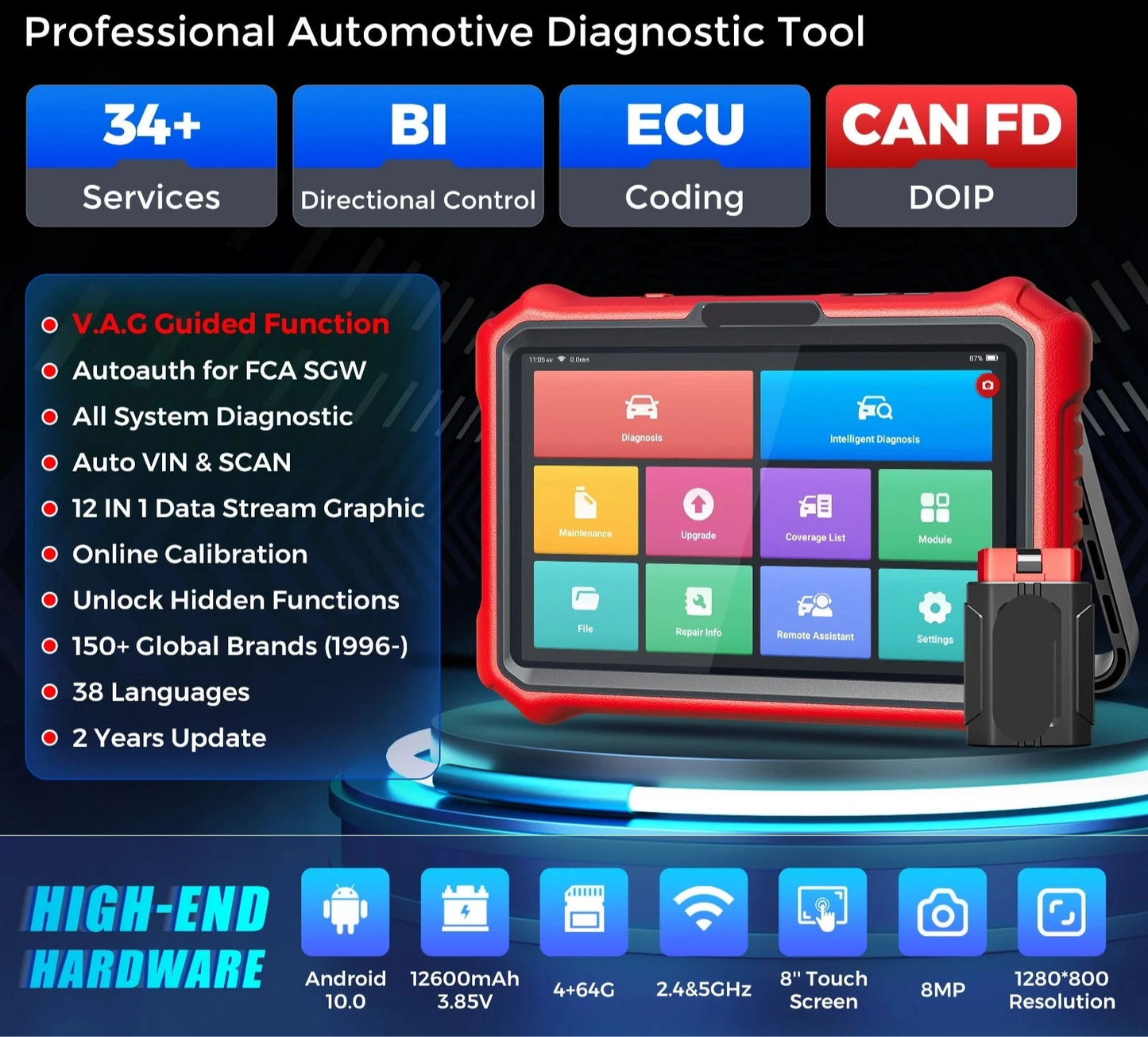 Auto Diagnosetool – OBD2 Scanner – Foutcode Uitlezer – Diagnose Scanner – Auto Scanner – 8” Android Scherm – 34+ Reset Functies