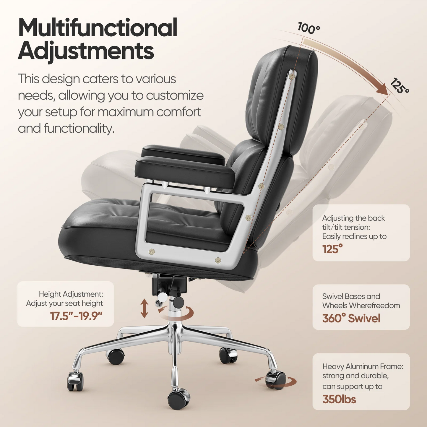 Bureaustoel – Bureaustoel Ergonomisch – Bureaustoel Lederen – Bureaustoel Comfortabel – Bureaustoel Verstelbaar – Echt Leer – Aluminium Frame - QUORE