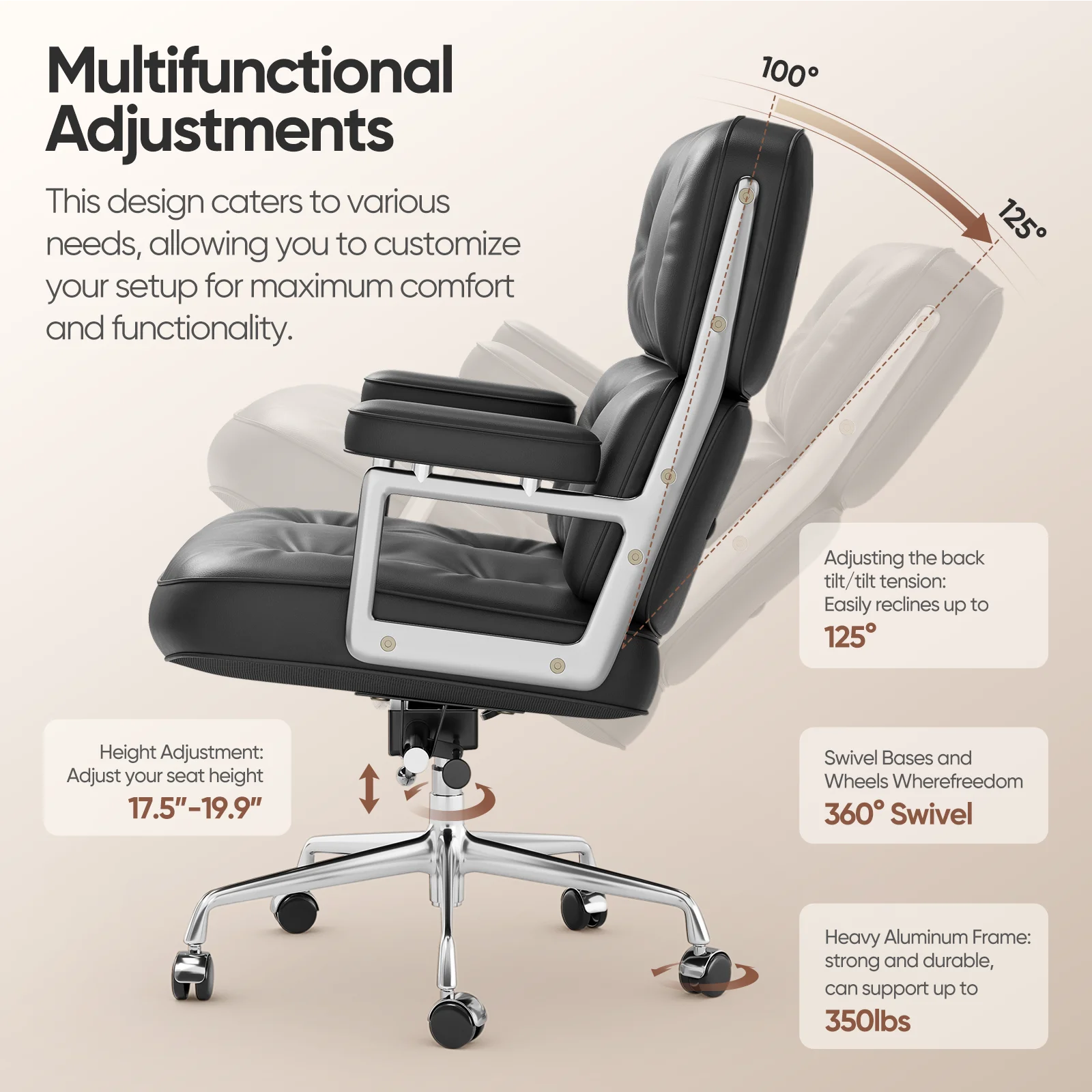 Bureaustoel – Bureaustoel Ergonomisch – Bureaustoel Lederen – Bureaustoel Comfortabel – Bureaustoel Verstelbaar – Echt Leer – Aluminium Frame - QUORE