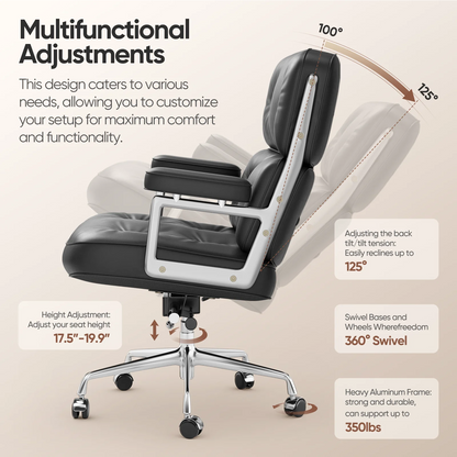 Leren Bureaustoel – Comfortabele Stoel – Ergonomische Bureaustoel – Draaibare Stoel – Verstelbare Rugleuning – Aluminium Frame – 160 Kg Draagvermogen - QUORE