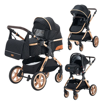 Stroller - Buggy - Kinderwagen 3-in-1 - Kinderwagens - Draagbare Reis Kinderwagen  - Hoogland Pram -Multifunctionele Aluminium Frame Kinderwagen - Hoge uitvoering - Zwart