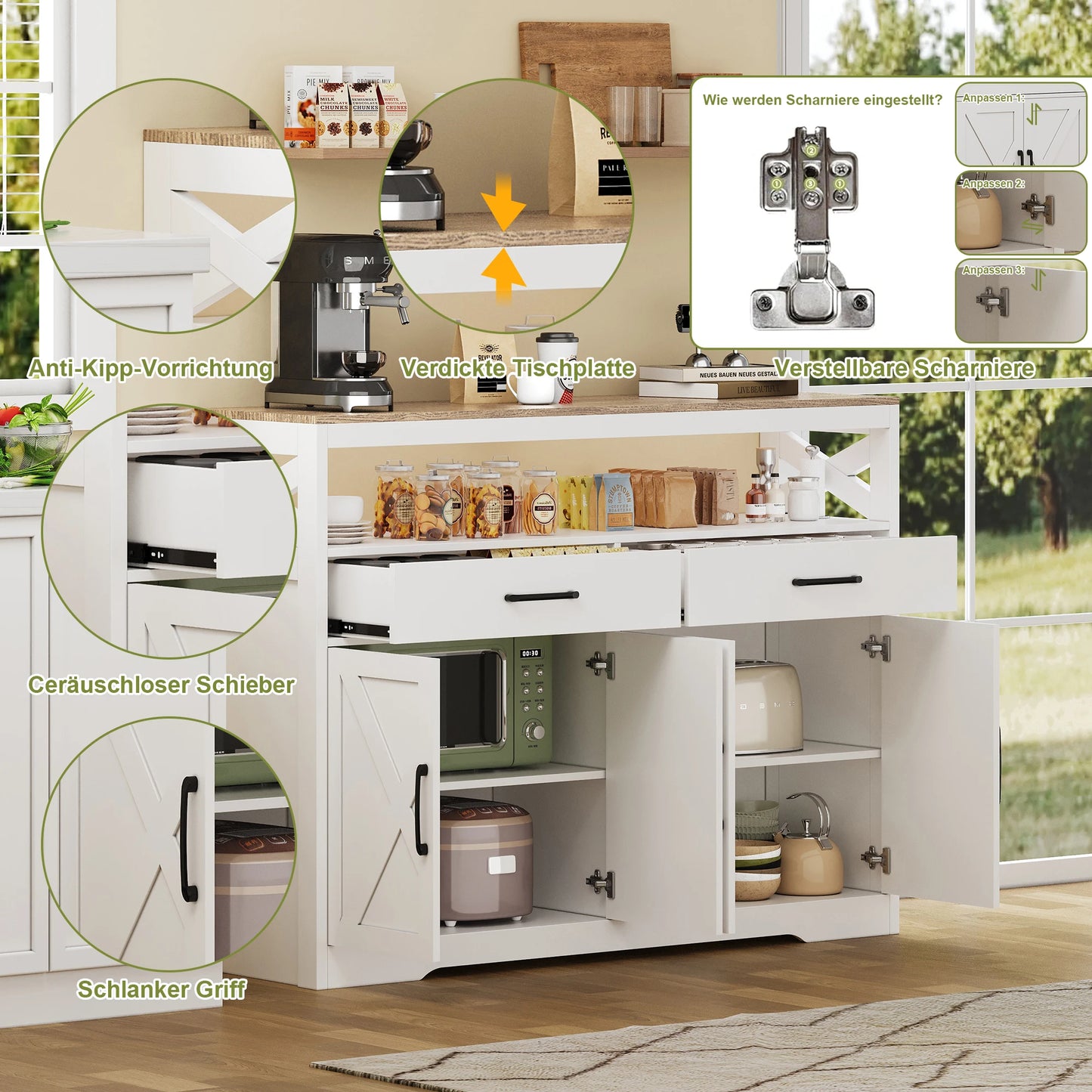 Dressoir – Sideboard – Kast – Opbergmeubel – Buffetkast – Modern Scandinavisch Design – Wit MDF 140×40×105 cm – Veel Opbergruimte Met 2 Lades & 4 Deuren
