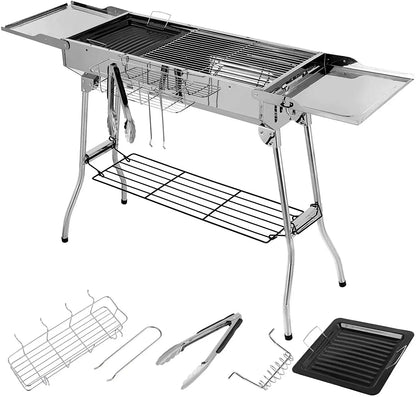 BBQ - BBQ Houtskool - Barbecue - Grill - RVS - met Dubbele Opklapbare Zijkanten, Antiaanbakpan en Verstelbare Ventilatie – Draagbare Camping BBQ - Zilver