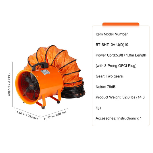 Krachtige Cilinderventilator - 300W - Bouwventilatoren - Uitlaatventilator - Industriële Afzuigventilator - en Blower - Draagbare - met 10m Luchtslang - voor Stof- en Rookverwijdering