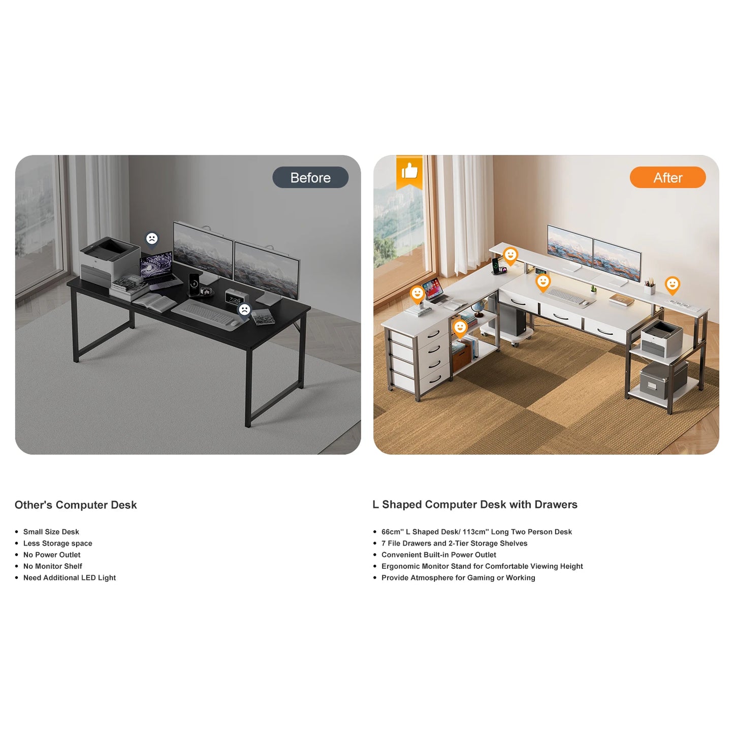 L-Vormig Bureau – Computerbureau – Gamersbureau – Werktafel – Hoekbureau – Slimme Led-Verlichting – Ruim Opbergmeubel – Wit – Groot Werkoppervlak – Ergonomische Monitorstandaard - QUORE