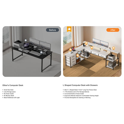 L-Vormig Bureau – Computerbureau – Gamersbureau – Werktafel – Hoekbureau – Slimme Led-Verlichting – Ruim Opbergmeubel – Wit – Groot Werkoppervlak – Ergonomische Monitorstandaard - QUORE