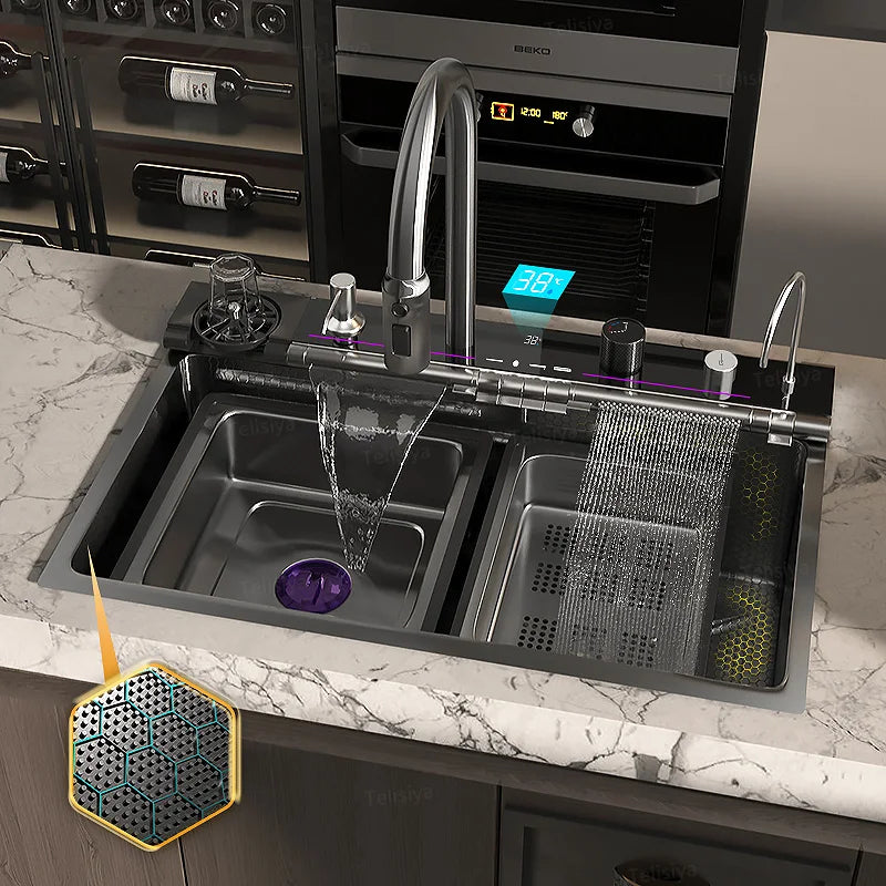 Stainless Steel Kitchen Sink With Waterfall Single Bowl Digital Display Extra Large Slot Multifunctional Washing Sinks