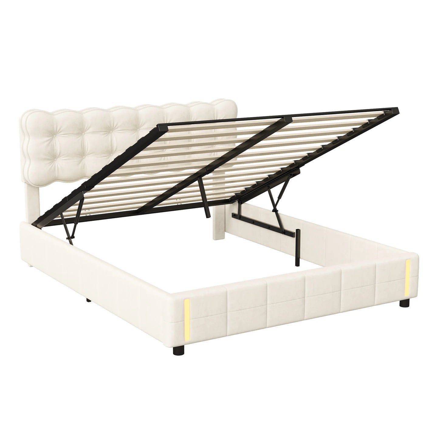 Bedframe – Gestoffeerd Bed – Velvet Bed – Opbergbed – Hydraulisch Liftbaar – Instelbare LED-Verlichting – Hout Metaal MDF - 140 x 200 cm