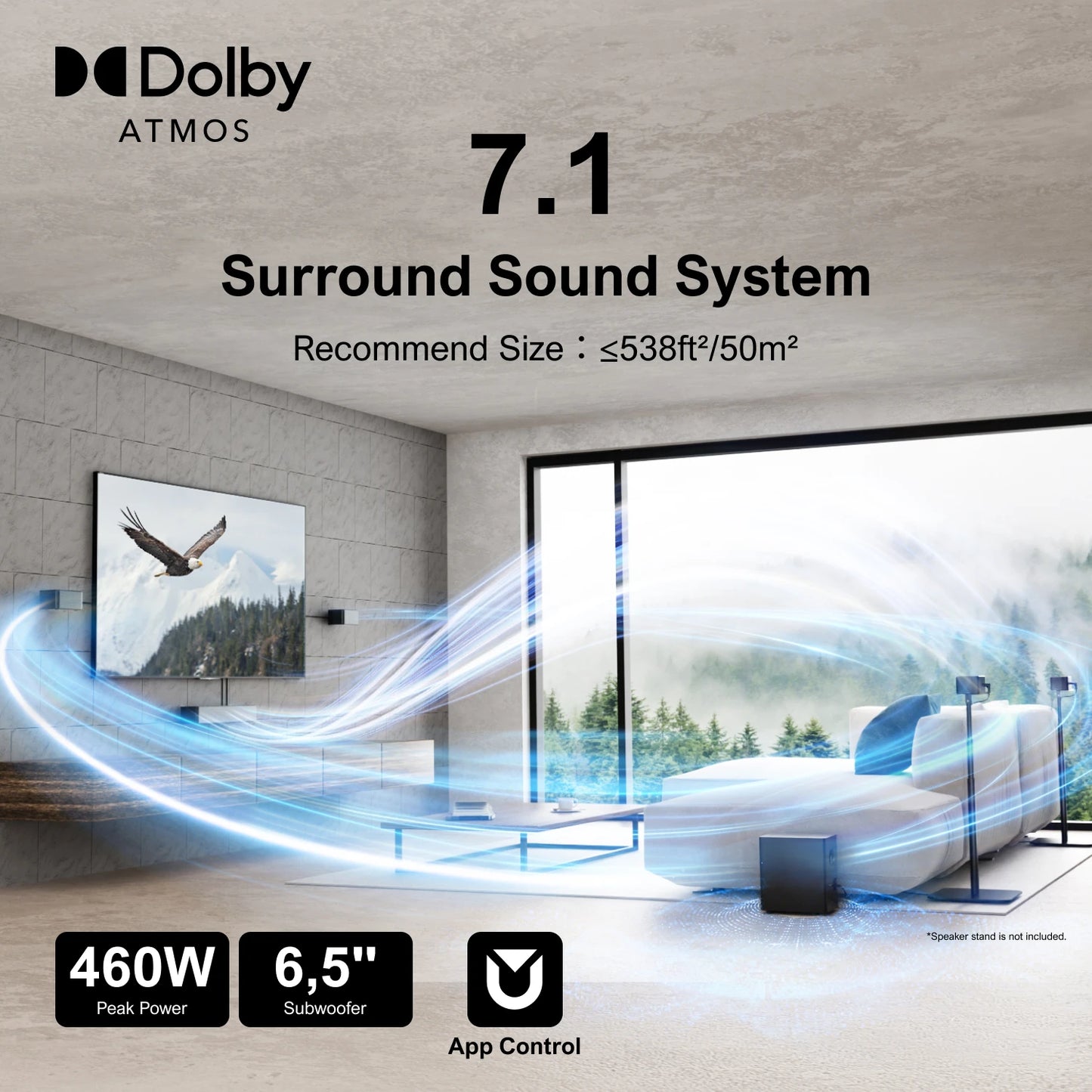 7.1 Soundbar – Home Cinema Geluidssysteem – Surround Sound Speaker – Draadloze Subwoofer – 460W Vermogen – Dolby Atmos 3D Geluidsbeleving – App Bedienbaar