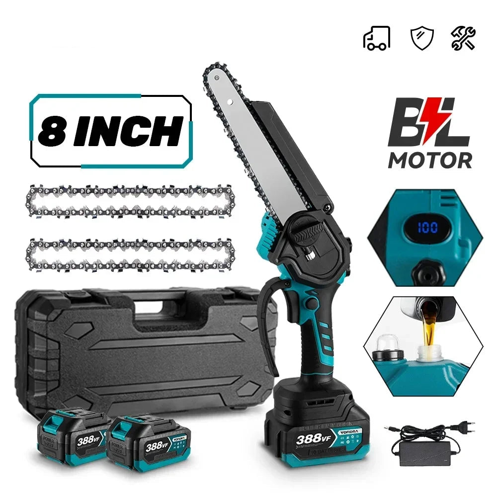 Accu Kettingzaag - 8 Inch - Mini Kettingzaag - Brushless Motor - 20.000 RPM - Digitaal Display - Draadloos en Oplaadbaar - Voor Houtbewerking - en Tuinklussen - Automatische kettingsmering - 1 Accu's met 1 Lader - QUORE