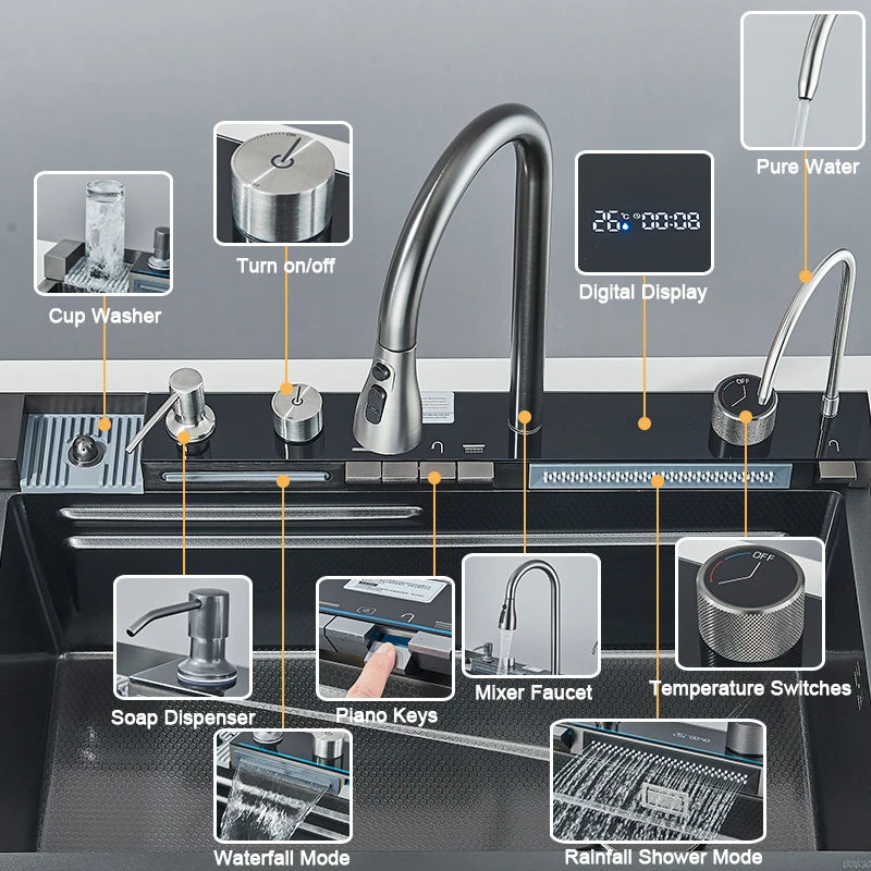 RVS Keukenspoelbak – Spoelbak RVS – Spoelbak Inbouw – Spoelbak Groot – Keukenspoelbak Één Bak – Digitale Watervalkraan – 75x45 cm Groot - QUORE