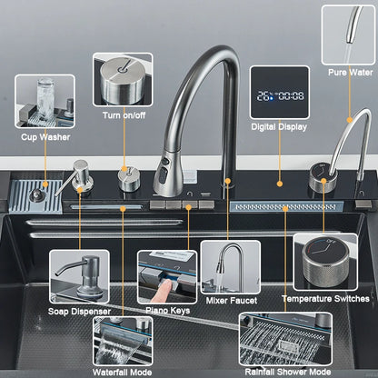 RVS Keukenspoelbak – Spoelbak RVS – Spoelbak Inbouw – Spoelbak Groot – Keukenspoelbak Één Bak – Digitale Watervalkraan – 75x45 cm Groot - QUORE