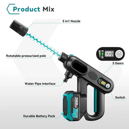 Hogedrukreiniger - Hogedrukspuit - Hogedruk Auto-Wasser - met Accu - 220Bar - Brushless Motor - Draadloze - 3 Snelheden - 5-in-1 Nozzle - 2 Batterij