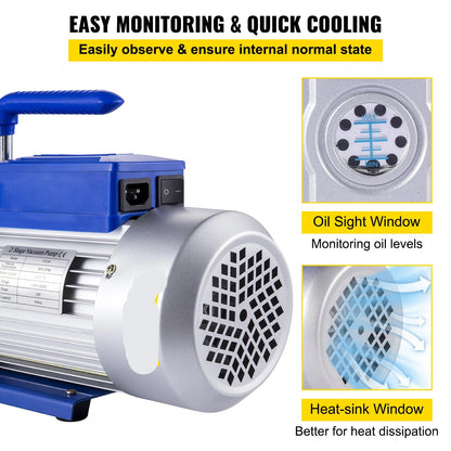 Vacuümpomp - Koelmiddel Vacuümpomp - Koeltechnisch Gereedschap - 10CFM - Tweetraps - HVAC voor Huishoudelijke Air Conditioning Reiniging - Auto Reparatie Vacuümpomp - Blauw