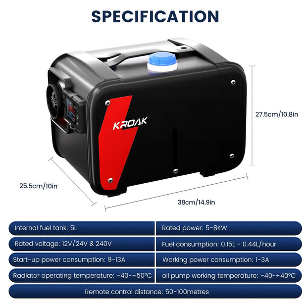 Kroak - Dieselkachel - Elektrische kachel - Kachel en ventilatoren - Benzineluchtkachel - LCD & Afstandsbediening - Bluetooh - Geen adapter - 12V - 5KW - 5L - Zwart