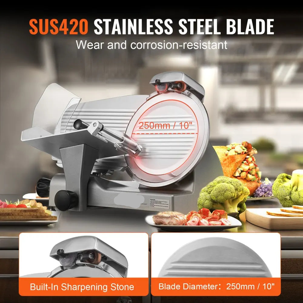Vleessnijmachine - Vleessnijder - Snijmachine - Broodsnijmachine - Elektrische - 10 Inch Roestvrijstalen Mes - Allessnijder - Ingebouwde Slijpsteen – Instelbare Snijdikte 0-15 mm – Perfect voor Deli en Thuisgebruik