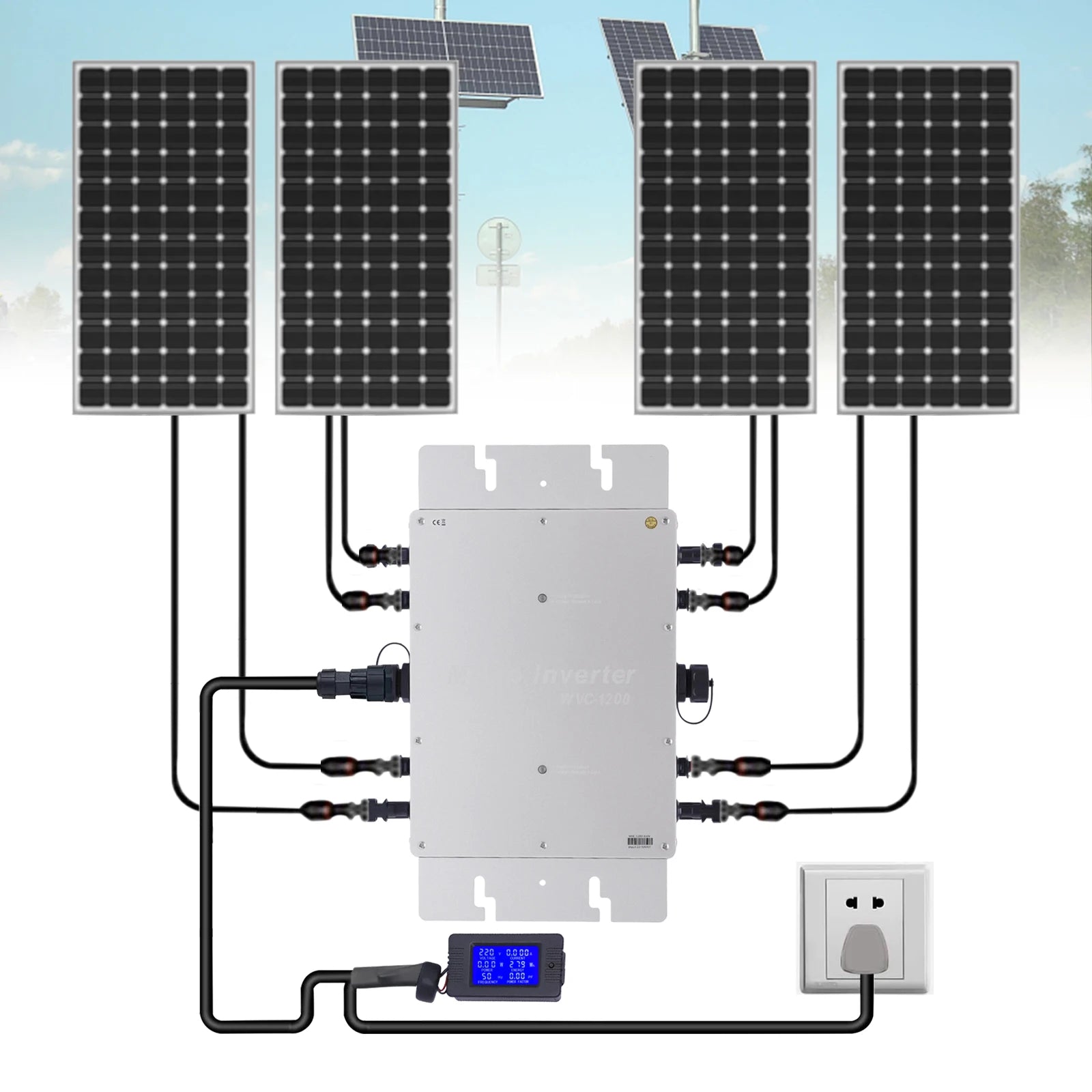 WVC-1200W Solar Grid Tie Micro Inverter IP65 Waterproof MPPT 220V Solar Microinverter DC22-50V for 30V/36V Solar Panels, EU Plug - QUORE