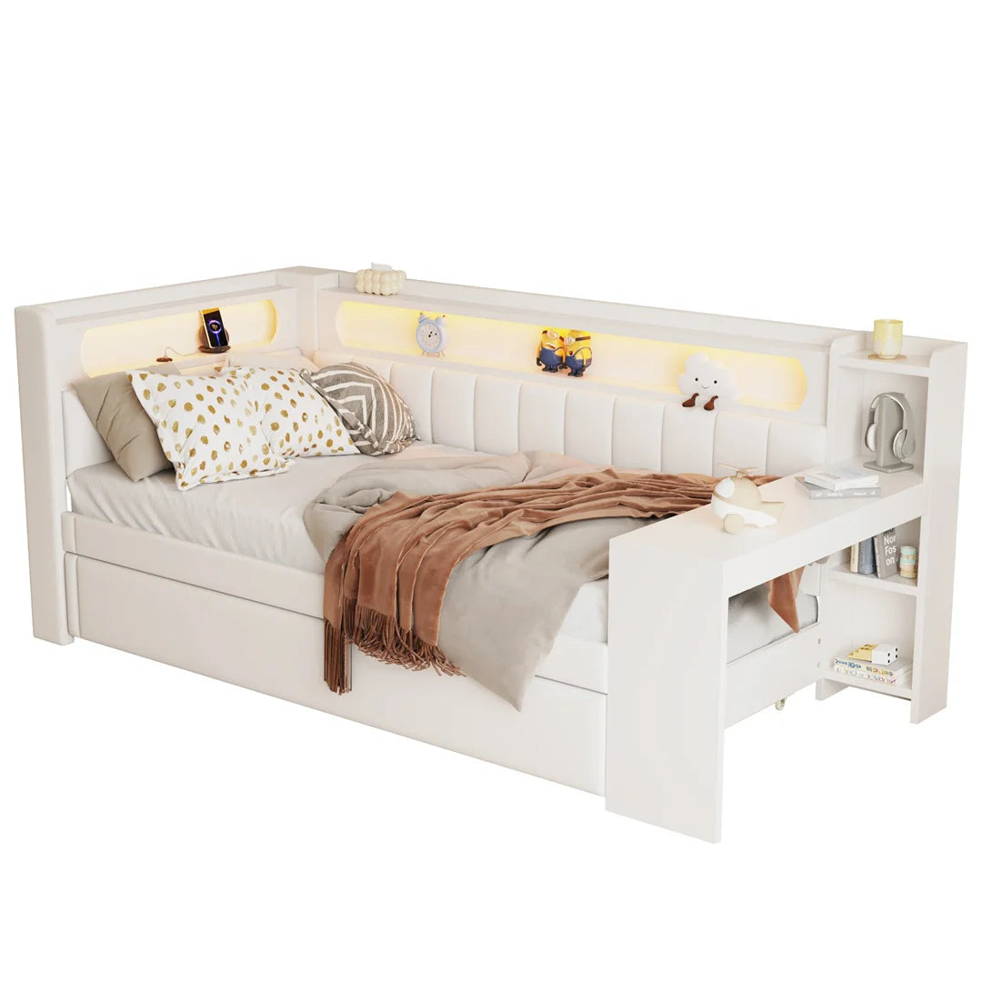 Eenpersoonsbed – Bedframe – Uittrekbed – Smart Bed – Studentenbed – Zonder Matras – Met Uittrekbed en Bureau – 90x200 cm – Wit Design