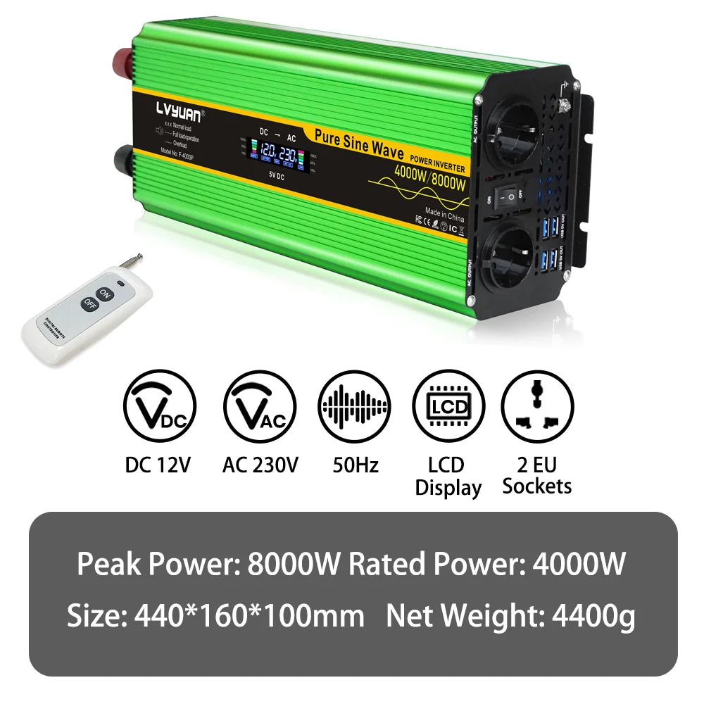 8kW Power Inverter – Stroomomvormer – Spanningsomvormer – Inverter Caravan – Zuivere Sinusgolf Omvormer 12V LCD 2EU – Hoog Continu Vermogen 4000W – Aluminium Behuizing