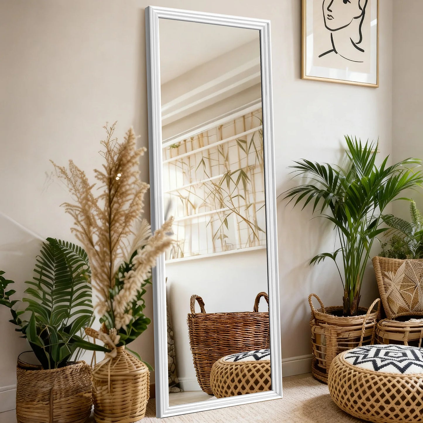 Volledige Lengte Spiegel – Staande Spiegel – Wandspiegel – Passpiegel – Dressoir Spiegel – Massief Houten Frame – 160x50 cm – Wit