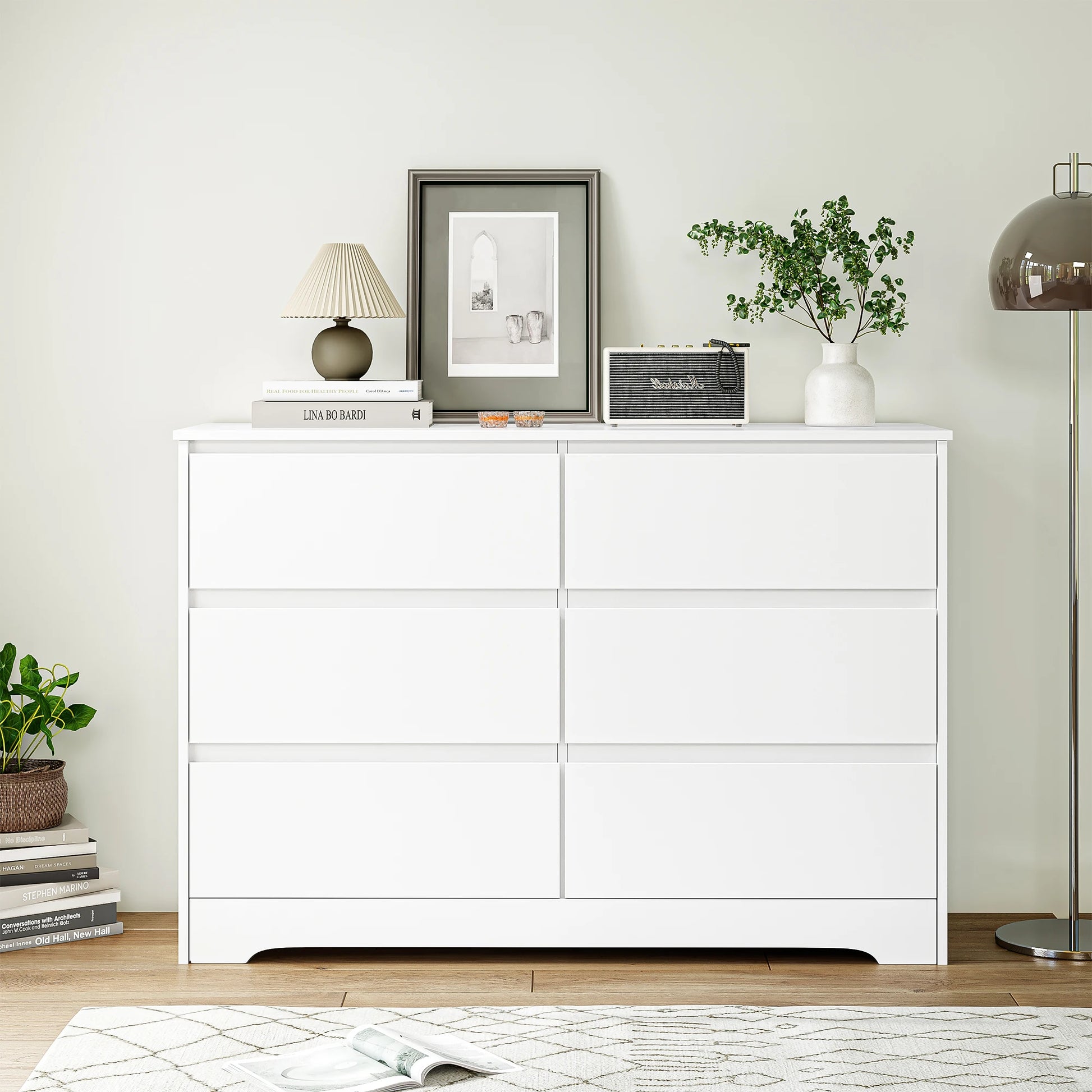 Getone White Chest of Drawers Bedroom, Tall Chest of Drawers with 6 Drawers, Bedroom Furniture Dresser Storage Cupboard Cabinet  Bedroom Dresser, for Dining Room Living Room Hallway 120x40x82cm - QUORE