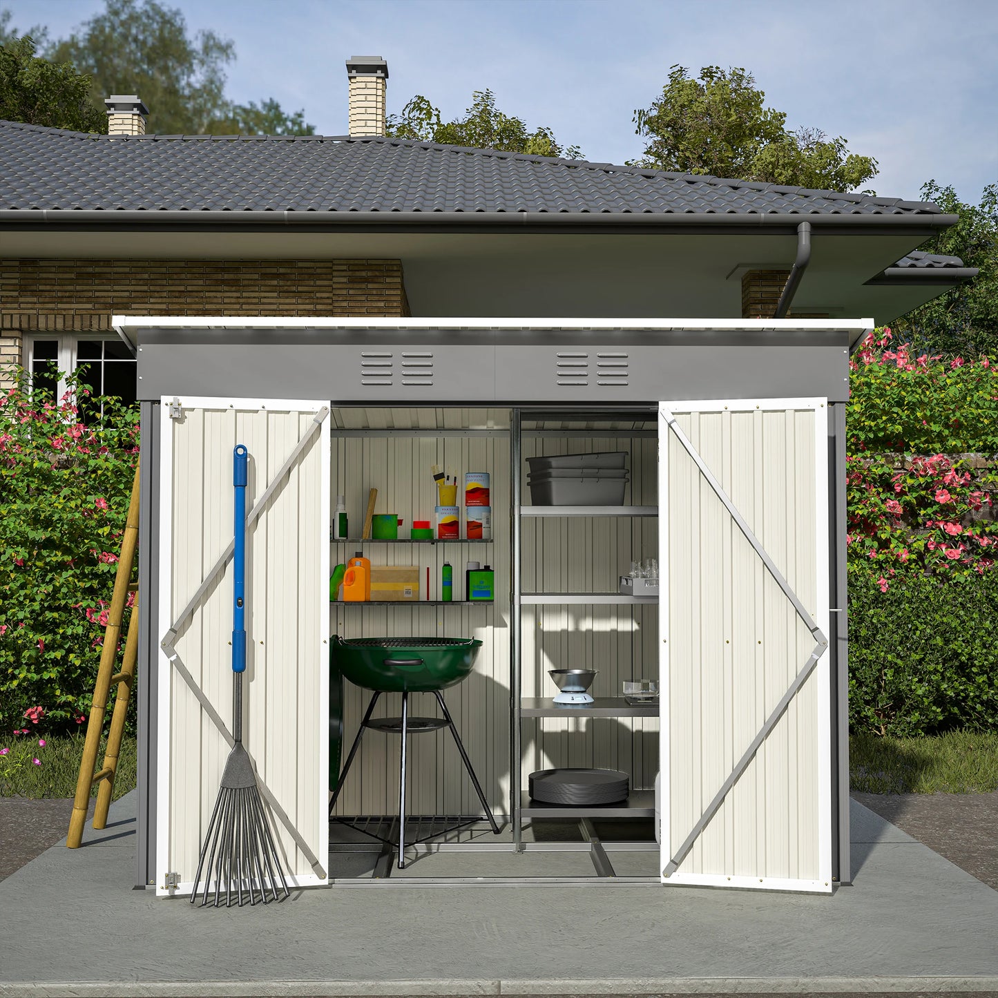 Tool Schuur - Tuinhuis - Buitenkast - Gereedschapsschuur - Gereedschapskast - Opbergruimte - 8x4ft - met Metaal Basis - Tuinschuur - voor Buiten - Terras - en Tuinopslag - Grijs