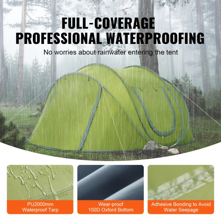 Campingtent - Opvouwbar Campingtent - Pop-Up Tent voor 4 personen - Familietent - Koepeltent - Draagbare - Ultralicht - Waterdicht - voor Buiten - Wandelen - Bergbeklimmen - 280 x 202 x 131 cm - Groen