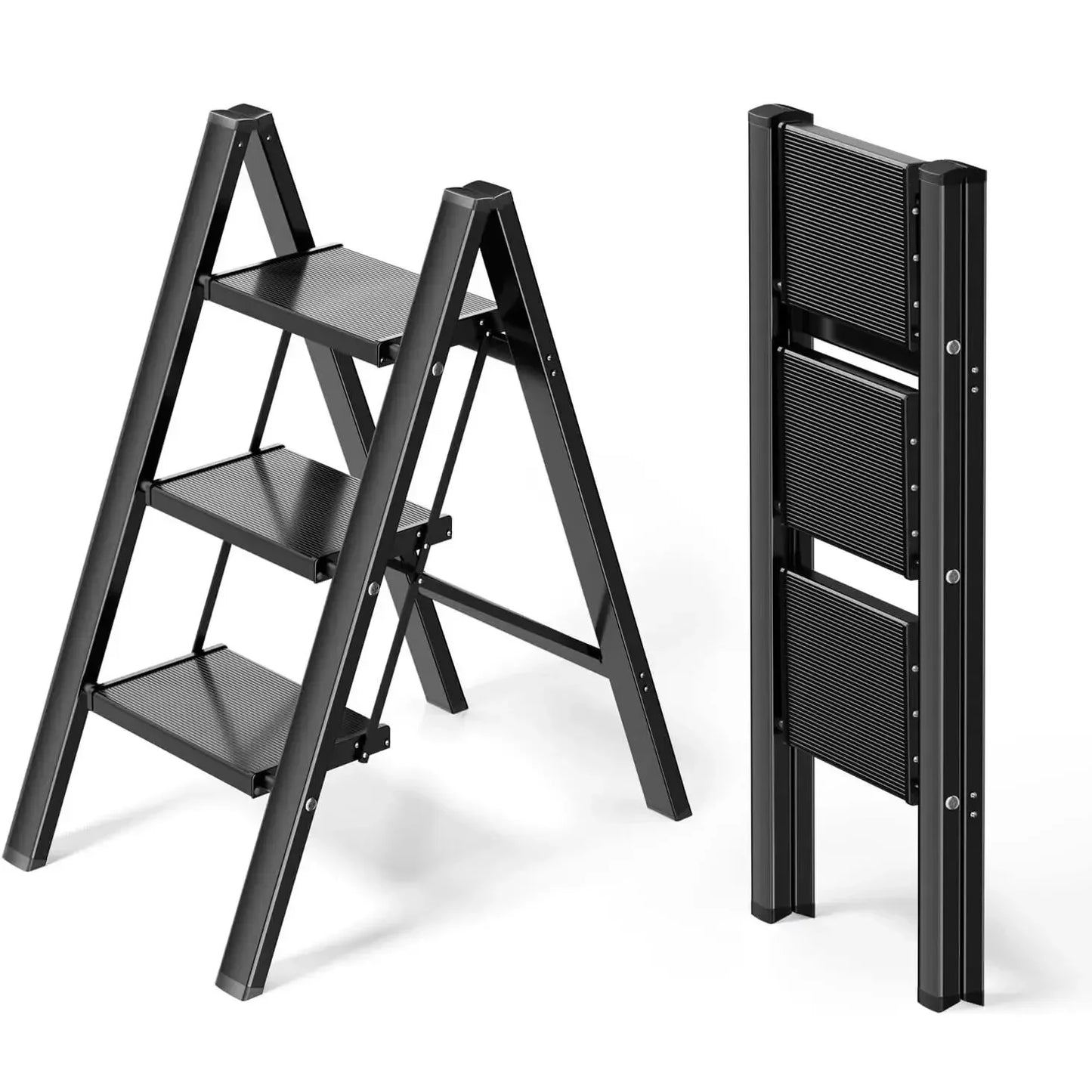 Huishoudtrap – Keukentrap - 3-Treden Ladder – 82,5 cm – Opvouwbare Aluminium - Lichtgewicht - Stevig – Antislip Pedalen - en Handrail - Comfortabele Brede Treden - Max 150 kg - Zwart - QUORE