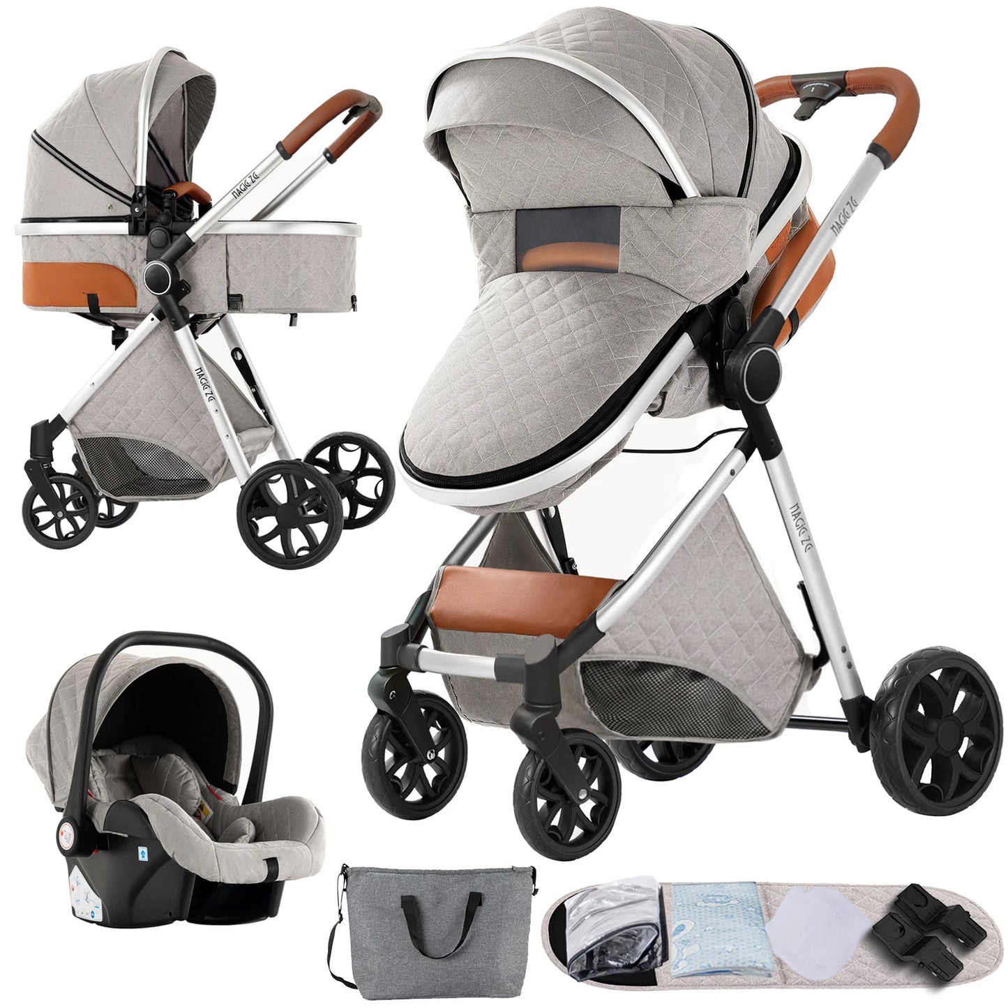 3-in-1 Babywagen – Kinderwagen – Autostoeltje – Wandelwagen – Babypushchair – Silver Mist – Lichtgewicht & Compact – Inclusief Slaapmand