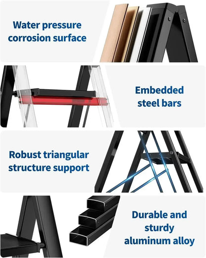 Huishoudtrap – Keukentrap - 3-Treden Ladder – 82,5 cm – Opvouwbare Aluminium - Lichtgewicht - Stevig – Antislip Pedalen - en Handrail - Comfortabele Brede Treden - Max 150 kg - Zwart - QUORE
