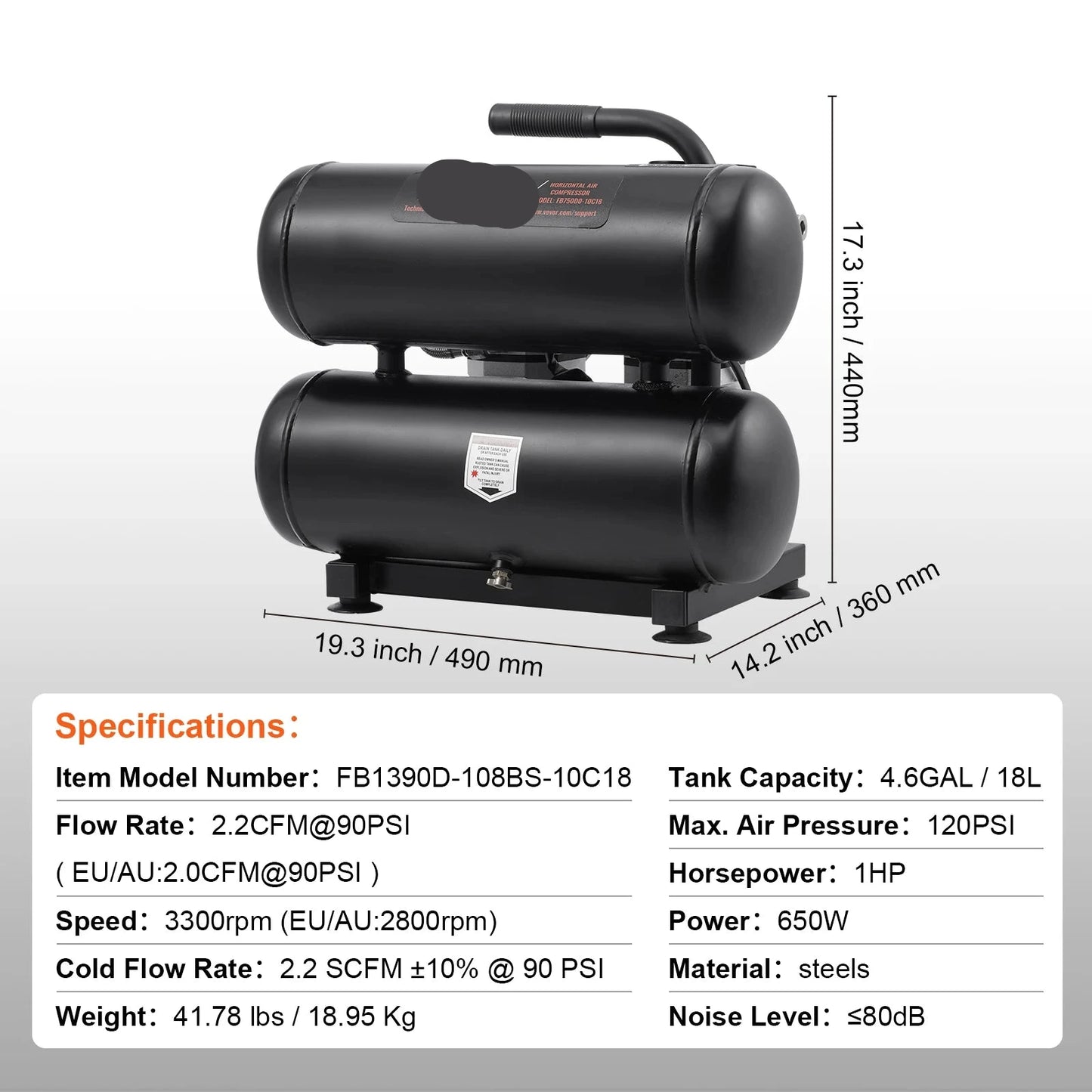 Stille Luchtcompressor - Airpress Compressor - Luchtcompressor Bandenpomp - Airpress - Elektrische Compressor - 650W - 80dB - Olievrije - 18 Gallon - Draagbare - Voor Auto Reparatie - Bandenvulling - Gereedschap