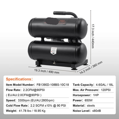 Stille Luchtcompressor - Airpress Compressor - Luchtcompressor Bandenpomp - Airpress - Elektrische Compressor - 650W - 80dB - Olievrije - 18 Gallon - Draagbare - Voor Auto Reparatie - Bandenvulling - Gereedschap