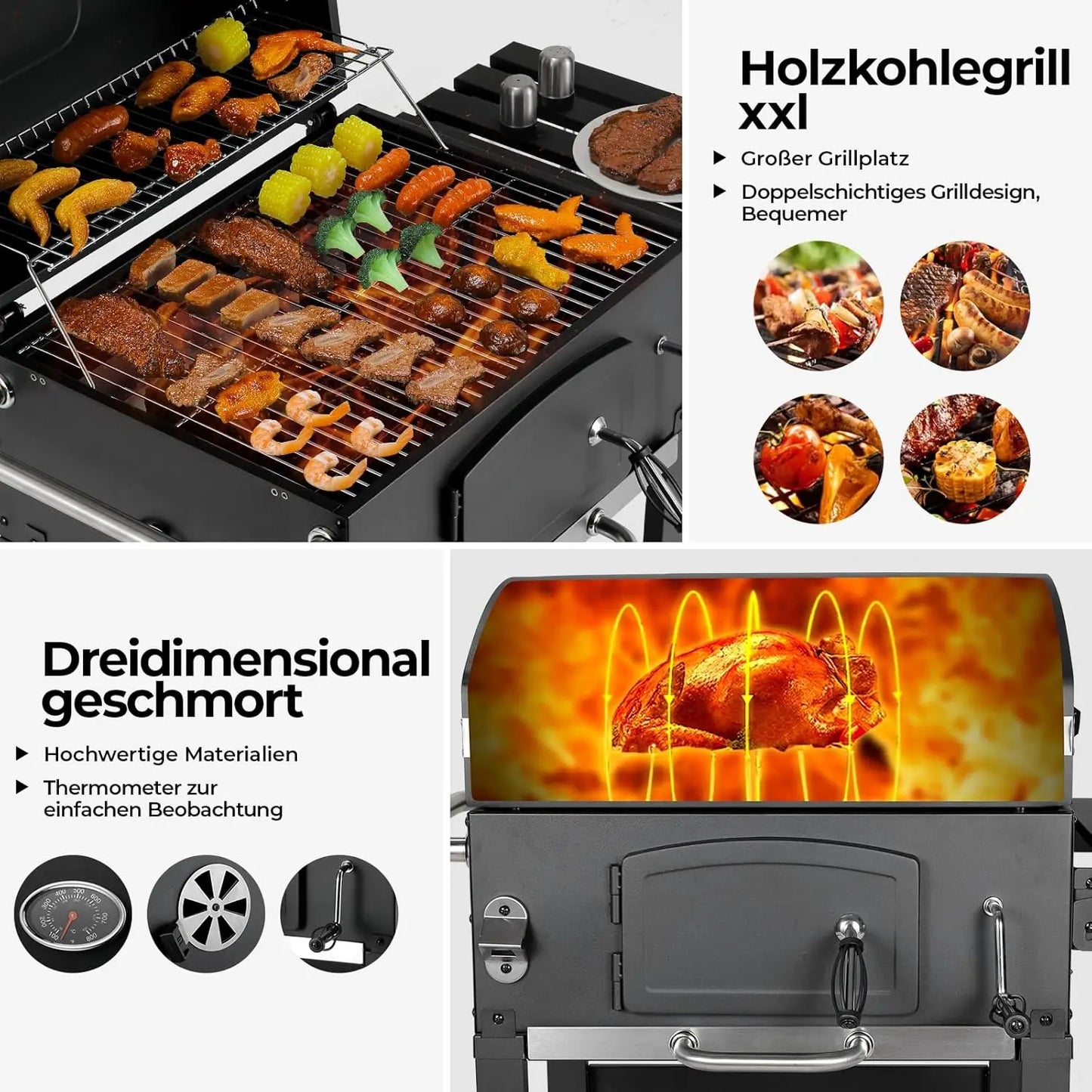 Charcoal Grill Cart with Lid,BBQ Smoker,Charcoal Grill Trolley with 2 Wheels,Standing Grill,for Camping,Garden - QUORE